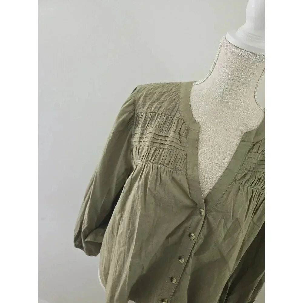 Cleobella River Pintuck Cotton Puff Sleeves Button Up Olive Green Blouse Top S - Picture 5 of 10